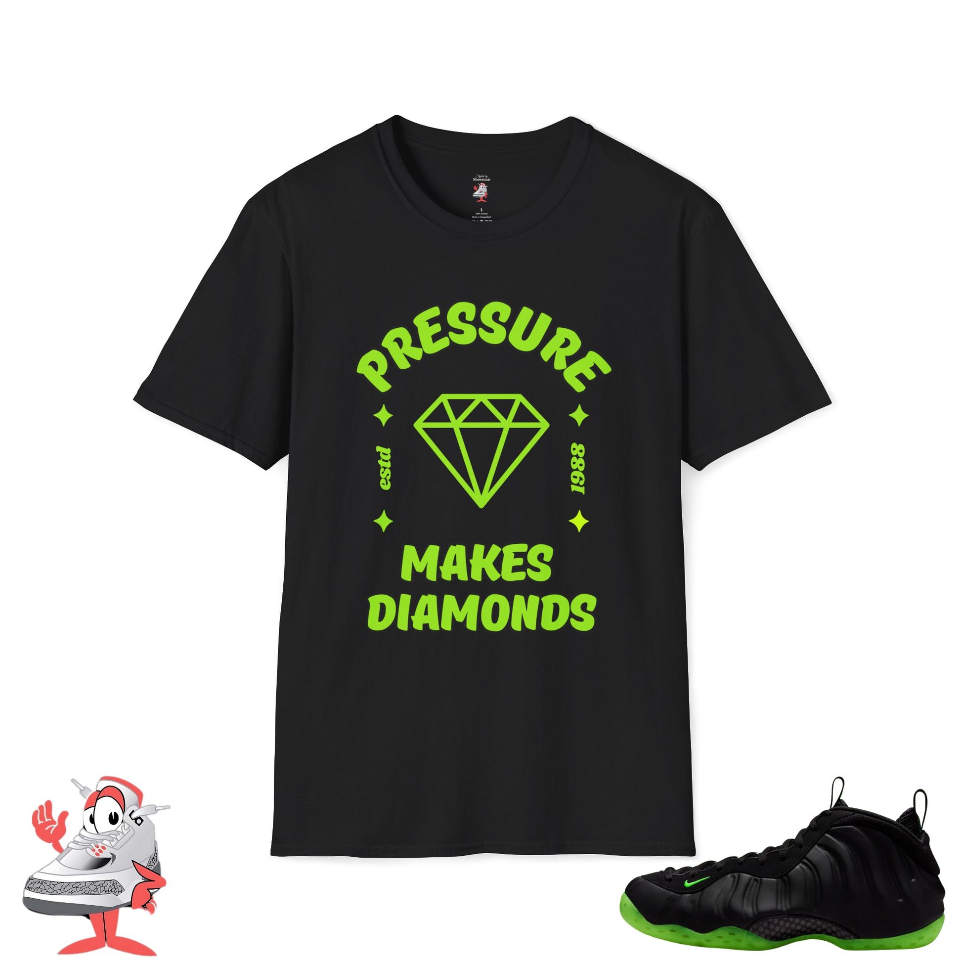 Nike Air Foamposite One Black Volt Green Matching Shirt Pressure Diamond T-Shirt