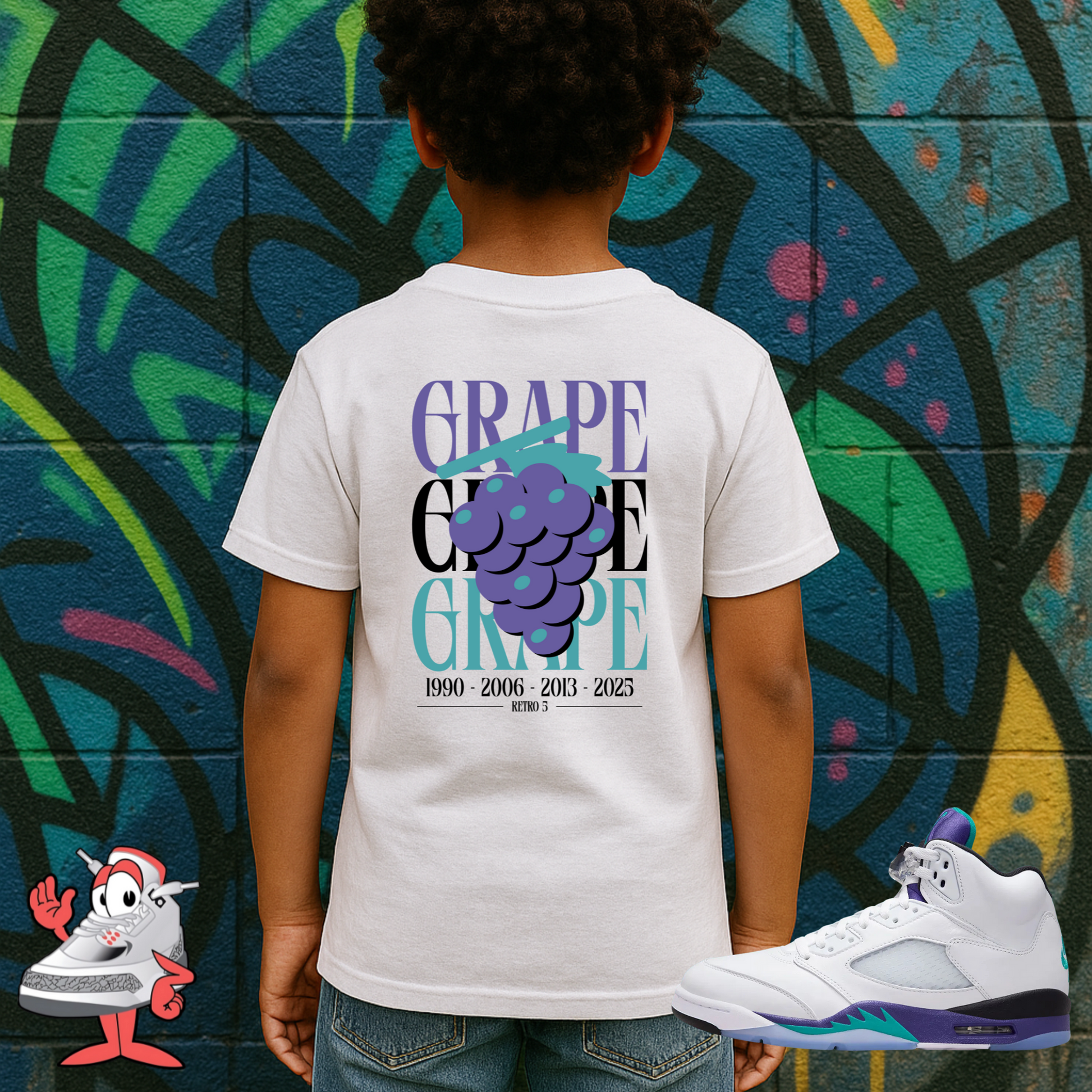 Kids Matching Shirt For Air Jordan Retro 5 Grape Sneaker Match Tee 90s Youth